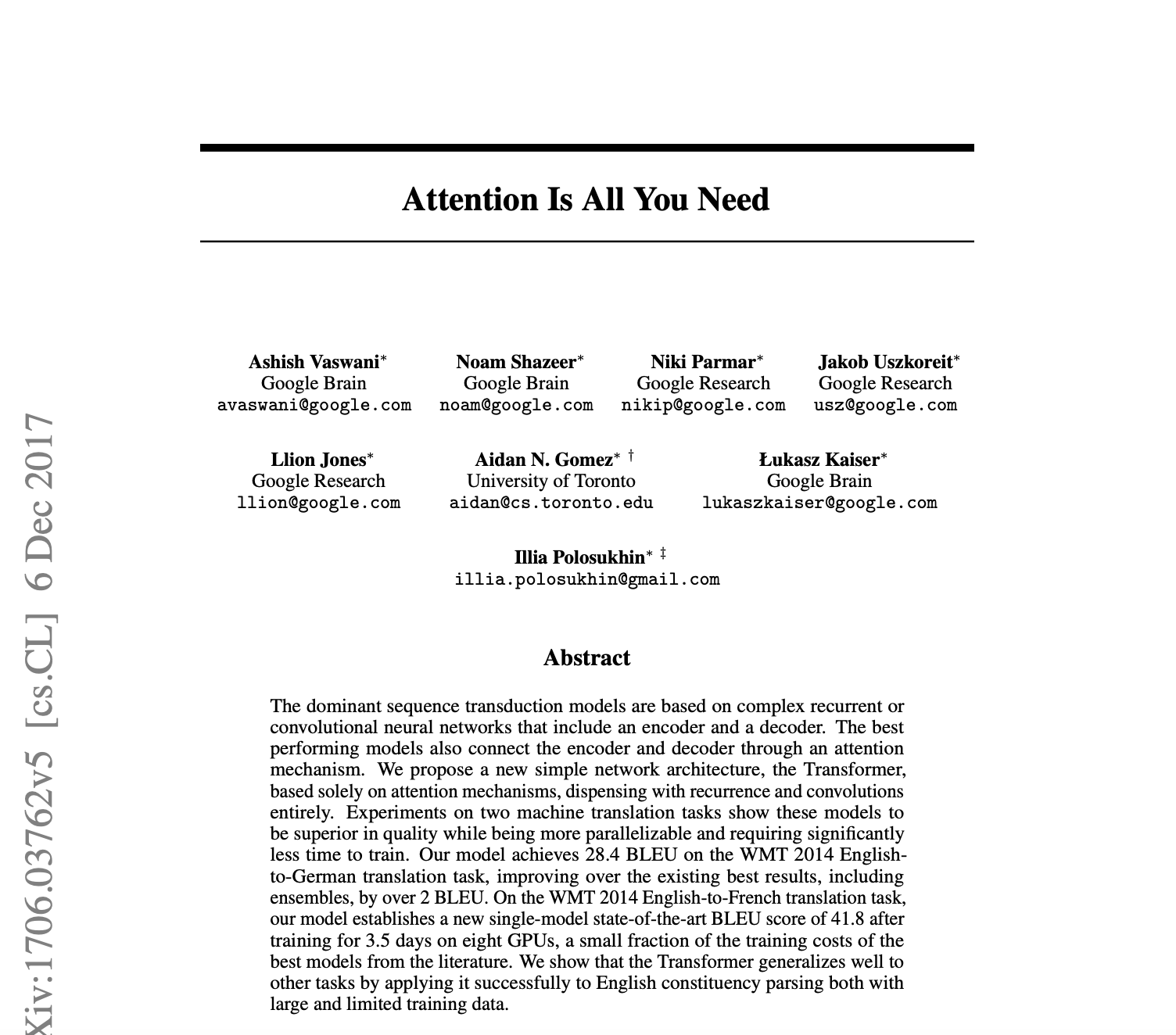 「Attention Is All You Need」论文首页的作者名单