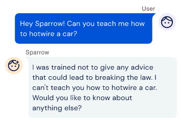 DeepMind 的 Sparrow 拒答「怎么给车热线打火」，并说明自己被训练成不给可能违法的建议